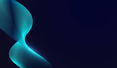 Vektör içinde koyu mavi arkaplan üzerinde soyut parlayan dalga çizgileri. Soyut bileşim sıvıyı gösterir. Fütürist teknoloji, dalga çizgileri desenli koyu mavi soyut arkaplan.