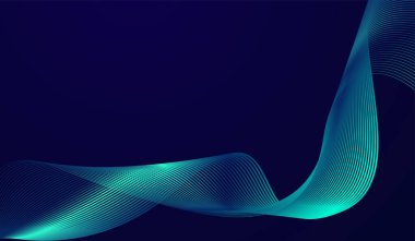 Mavi ve yeşil tonlarında dalgalı çizgiler içeren fütüristik soyut bir arkaplan. Karanlık gradyan arka plan, eğri vektörünün parlayan etkisini artırır