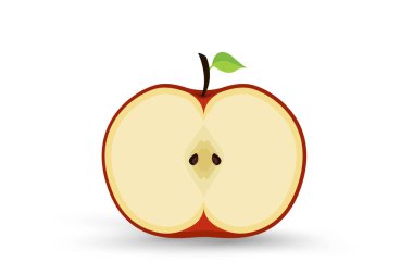 İkiye bölünmüş taze kırmızı bir elma kremalı beyaz etini ve ortasında iki küçük kahverengi tohumu ortaya çıkarır. Pürüzsüz dış derisi ince bir eğime sahiptir. Koyu kırmızıdan kenarlara yakın yumuşak bir altın renge dönüşür..