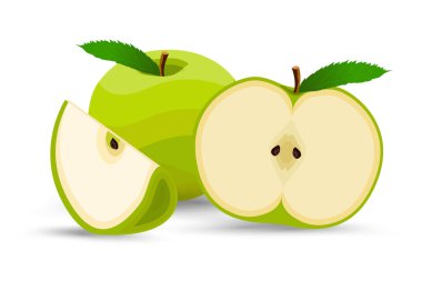 Yarım dilim taze yeşil elma ve canlı yeşil elma, taze ve gevrek, mükemmel dilimlenmiş yarısı ile bir elma, soluk, kremsi iç, vektör, illüstrasyon