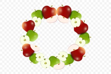 A circle of fresh red, green apples accompanied by group of apples slices revealing their crisp white interiors and seeds. fruits banner concepts