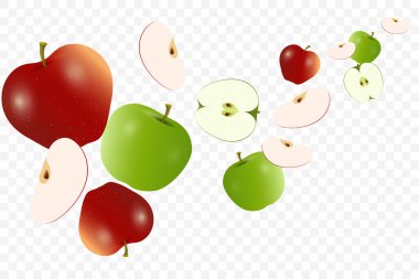 Group of apple flying background, fresh green, red apples with pieces of apples cut on transparent background. used for fruits banner concepts, vector illustration