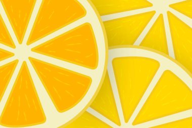 Vektör tasarımında sarı limon parçaları deseni, üç limon dilimi ve pürüzsüz desenler halinde kabuk, vektör parlak arka plan kavramları