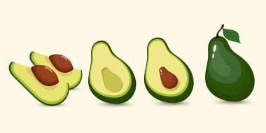 Koyu yeşil desenli kabuklu taze bir avokado farklı kesitlerin yanında sergilenerek pürüzsüz iç ve besleyici tohumlarını ön plana çıkarır.