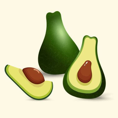Avokado yeşil meyve kavramları bir grup, taze, tüm avokado arka planda durur, iki dilimlenmiş yarım ile birlikte kremsi yeşil ortaya çıkar