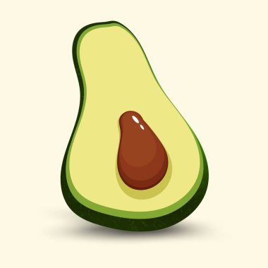 Koyu yeşil desenli yarım parça avokado ve parlak parlak bir ışık yumuşak, nötr bir arka plan ve vektör tasarımına karşı oturur.
