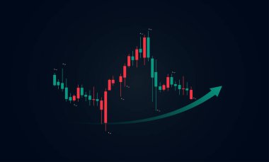 Bir mum, eski ticari marktet payı için kırmızı ve yeşili, altın piyasasının finansal tablolarını koyu arka planda, vektör illüstrasyonunu,