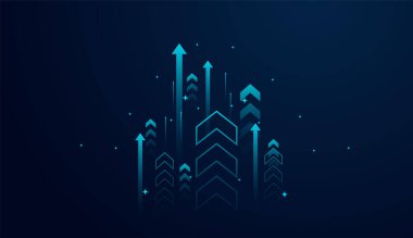 Parlayan mavi ok kümesi yukarı doğru, finansal büyümeyi, başarıyı ve performanstaki olumlu eğilimi sembolize ediyor. vektör, gradyan mavi üzerine illüstrasyon