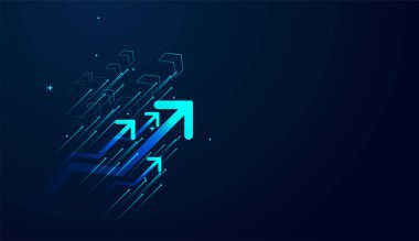 Parlak oklar çapraz olarak yukarı doğru yükselirler, ivmeyi, ilerlemeyi ve geleceğe dönük başarıyı veya yeniliği, vektör illüstrasyonunu simgeler.