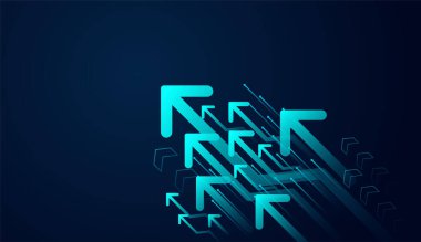 Cesur mavi ok kümesi, iş büyümesini, teknolojik ilerlemeyi ve artan momentum, vektör illüstrasyonunu temsil eden hareketli bir iz bırakır.