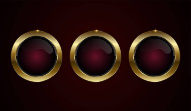 Lüks düğmeler, pankartlar ve vektör tasarımında premium kırmızı düğme, parlak altın bir düğmeyle kaplanmış koyu kestane rengi merkezi olan lüks bir düğme.