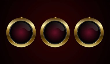 Lüks düğmeler, pankartlar ve vektör tasarımında premium kırmızı düğme, parlak altın bir düğmeyle kaplanmış koyu kestane rengi merkezi olan lüks bir düğme.