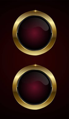 İki kırmızı lüks düğme ve pankart konsepti vektör tasarımı ve premium kırmızı düğme, koyu kestane rengi ortasında parlak altın bir düğmeyle kaplanmış lüks bir düğme.