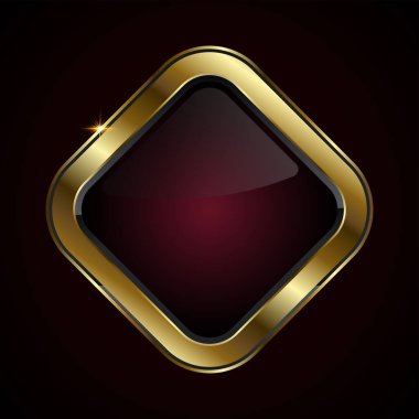 Parlak altın kenarlı, parlak aksanlı, vektör illüstrasyonlu zengin, parlak siyah merkezli elmas şeklinde bir düğme.