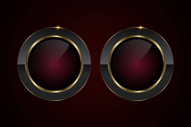 Koyu kırmızı renk sembolü ve zarif stil vektörü ile iki lüks düğmeden oluşan bir grup, parlak kestane rengi merkez vektör illüstrasyonlu parlak siyah ve altın renkli bir dairesel düğme