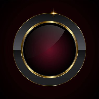 Koyu kırmızı renkli ve zarif stil vektörü olan lüks bir düğme, parlak kestane rengi merkezi olan parlak siyah ve altın renkli dairesel bir düğme ve parlak bir ışık vektörü.