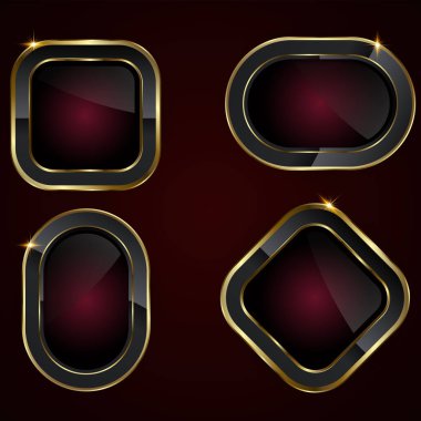 Kırmızı modern konsept düğmelerinde siyah, altın ve koyu kırmızı tonlarda dört farklı düğme koleksiyonu.
