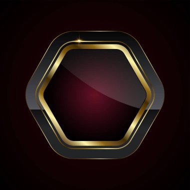 Parlak siyah bir merkezi olan parlak, parlak, altıgen bir düğme, koyu kırmızı bir eğimle, parlak bir altın çerçeveyle çevrelenmiş. Koyu kırmızı gradyan vektörde lüks düğme vektörü