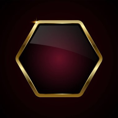 Web UX, UI vektör tasarımı için kullanılan premium altın altıgen düğmesi. Koyu kırmızı arka planda altın işlemeli lüks bir altıgen.
