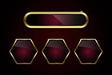 Premium altın oval ve altıgen düğme grubu web UX, UI vektör tasarımı. Dört farklı düğme seti lüks biçiminde ve koyu kırmızı arka planda fırınlanmış altın