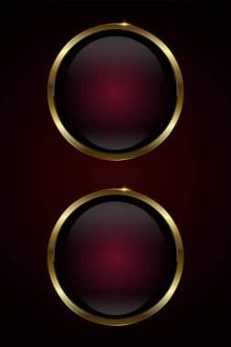 Koyu kırmızı arka planda iki adet kırmızı lüks daire vektör düğmesi tasarımı. İki adet Premium kırmızı daire düğmesi, element, web UI illüstrasyon tasarımı