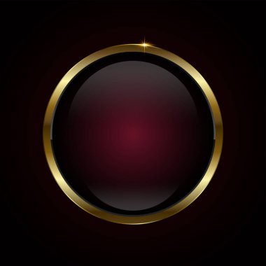 Koyu kırmızı zemin üzerinde kırmızı lüks daire vektör düğmesi tasarımı. Premium kırmızı daire tuşu, element, web UI, sembol ve 3d yuvarlak siyah parlak düğme ile altın