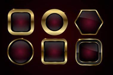 Lüks ve premium düğme koleksiyonu, parlak, altın metalik bir kaplamayla çerçevelenmiş yuvarlak kenarlı kırmızı, kare bir şekle sahiptir. ve altı kırmızı düğmeli grup