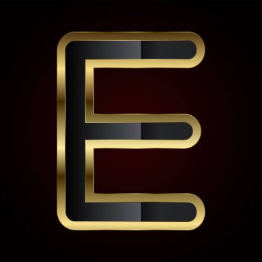 Lüks bir E harfi, zengin bir altın çizgisi ve parlak siyah iç tasarımı, zarafet ve son model bir tasarım, illüstrasyon içerir.