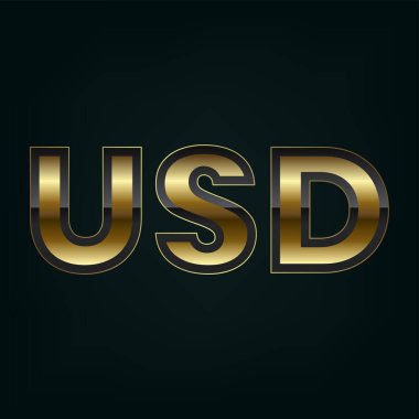Pırıl pırıl altın gradyanlarla yazılmış cesur bir USD metin, koyu, zarif bir arka plan vektörü üzerinde zenginliği, prestiji ve finansal gücü sembolize eder.