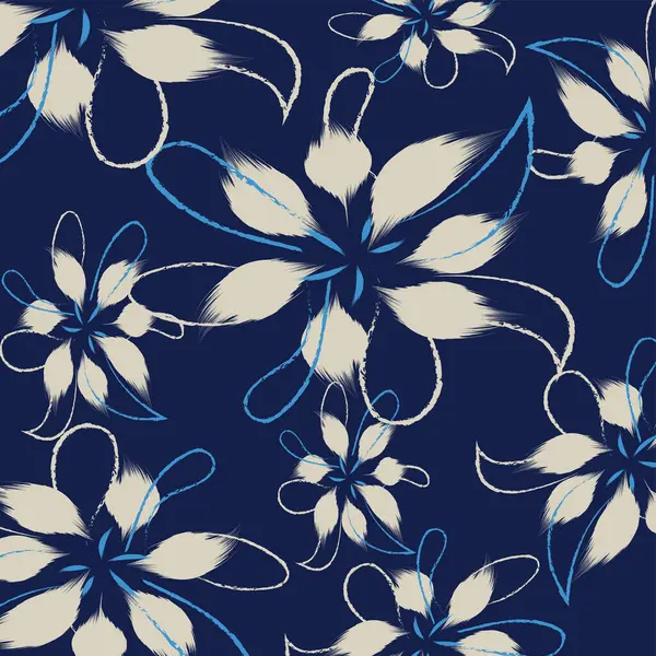 Yumuşak mavi çiçekleri tekstil, tropikal iki renkli çiçekleri çizer ve el yapımı sanat tarzını çizer, çiçekler geometrik tekstil çarşaf içindir. Kusursuz el çizim şablonu vektörü.