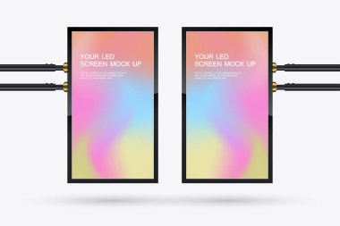 İki taklit gerçek bir asma ekranı simüle eder. Kapalı alanlarda reklam, duyuru ya da dijital içerik sergilemek için mükemmeldir. vektör illüstrasyonu