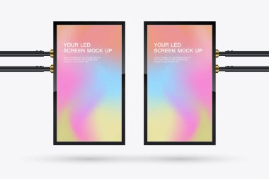 İki taklit gerçek bir asma ekranı simüle eder. Kapalı alanlarda reklam, duyuru ya da dijital içerik sergilemek için mükemmeldir. vektör illüstrasyonu