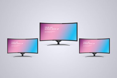 Üç Teknoloji LEDleri, Dijital İmza Stand Mockup için geniş ekran eğrisi, üç Modern Model LED ekran tasarımı örneklerini vurguluyor