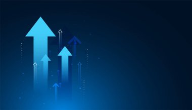 Parlayan mavi oklarıyla dinamik arkaplan, pozitif dijital pazar eğilimlerini ve sürekli yükselen hareketi gösteriyor. büyüme kavramı vektör çizimi