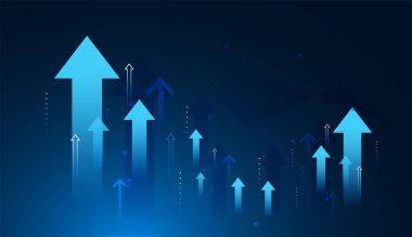 Parlayan mavi okları olan dinamik arkaplan grubu, pozitif dijital piyasa eğilimlerini ve sürekli yükselen hareketi gösteriyor. büyüme kavramı vektör çizimi