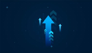 Grafik arkaplan için mavi ok grubu. Büyük merkezi mavi ok, iş veya kişisel büyüme ve ilerleme konsepti vektörünü sembolize ederek, yukarı doğru güçlü momentumu temsil eder.