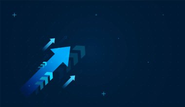 Mavi oklar grubu, iş veya kişisel büyüme ve ilerleme konsepti illüstrasyonunu sembolize ederek, yukarı doğru güçlü bir momentum oluşturur.