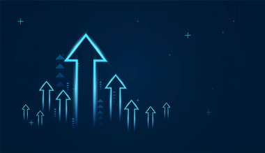 Artan sayısal değerlerin yanı sıra yükselen mavi ok, satış, gelir veya performans gibi ölçümlerde pozitif büyüme, ilerleme veya başarıyı temsil eder.