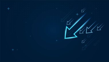 Koyu şebeke arka planındaki yukarı doğru oklar neon mavisi okları vurgular, fütüristik ve yüksek teknolojili görsel estetik yaratır.