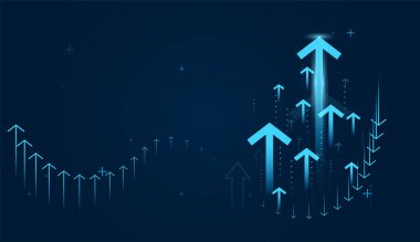 Finans ve iş hayatında başarıya ulaşmak için yükselen ok grupları. Açık mavi oklar koyu arkaplan üzerindeki vektör illüstrasyonunda eğilim artışı