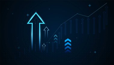 Arkaplanda büyüyen oklar dizisi. Mavi ok grupları yukarı doğru konsept tasarım gösteriyor birden fazla ok yükseliyor, büyüme kavramlarını sembolize ediyor