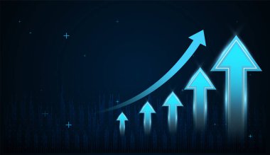 Açık mavi oklar içeren yukarı doğru üç ok grafiği düşük maliye, işletme, ticaret, para birimi, bankacılık, vektör illüstrasyonunda büyüyen