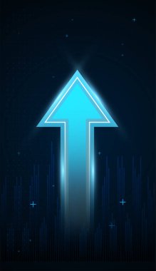 Mavi ok iş büyümesi, ticaret eğilimi, dijital ok maviliği kavramını işaret ediyor. Işıklar en üst yöndeki koyu arkaplan kavramlarını gösteriyor.