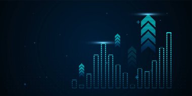 Koyu arkaplanda yükselen sütunlarla parlayan mavi çizelge, veri büyümesini ve finansal ilerlemeyi sembolize ediyor.