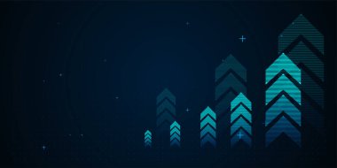 Parlayan mavi çubuk grafiği sağ tarafa ok yerleştirir ve metin veya tasarım elementleri için negatif boşluk sağlar. vektör illüstrasyonu