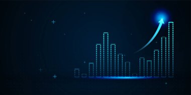 Dikey mavi noktalı çubukları koyu dijital şebeke arka planına karşı yükselen fütürist bir bar tablosu. vektör illüstrasyonu