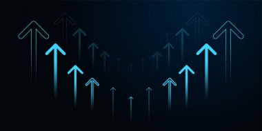 İş Oku için yukarı doğru ok yükselme süreci başarıya yükseliyor ve karanlık arkaplanda büyüyen Yukarı Oklar bir dizi parlayan, iş vektörü illüstrasyonu