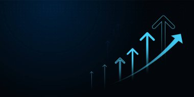 Yukarı doğru büyüyen oklar koyu arkaplan üzerinde parlayan, finans, iş vektörü illüstrasyonunu temsil eden bir dizi