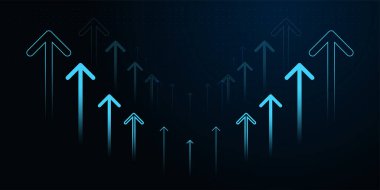 İş Oku için yukarı doğru ok yükselme süreci başarıya yükseliyor ve karanlık arkaplanda büyüyen Yukarı Oklar bir dizi parlayan, iş vektörü illüstrasyonu