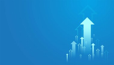 Açık mavi zemin üzerinde büyüme eğilimi için yukarı doğru hareket eden oklar kümesi iş, finans ve borsa kavramlarını gösteren vektörler